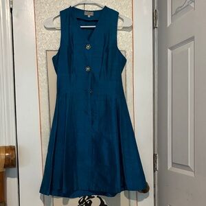Teal blue silk flare Dress with floral Button Detail handmade made in Italy
